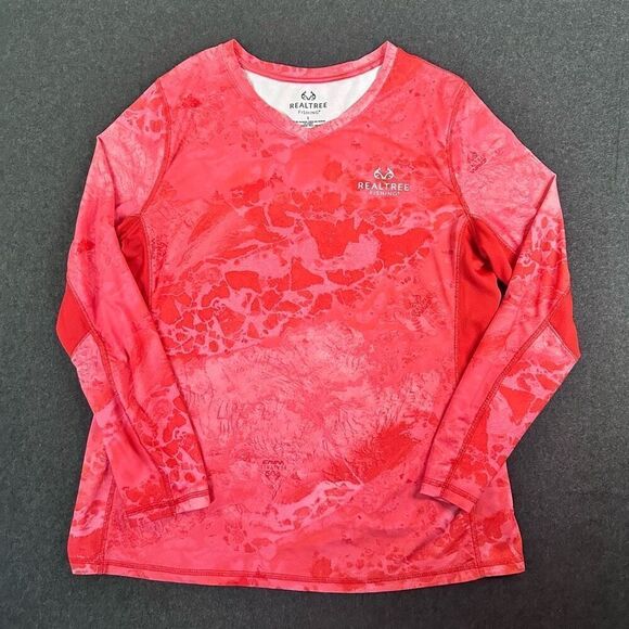 Realtree Fishing LS Tech Performance Shirt Womens L Red Camo V-Neck Amphibious - Picture 1 of 10